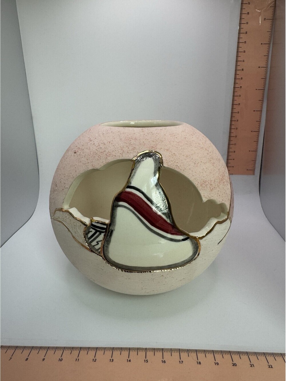 Vera Russell Signed Southwestern Pottery Vase 22k Gold Inlay Cut-out Textured